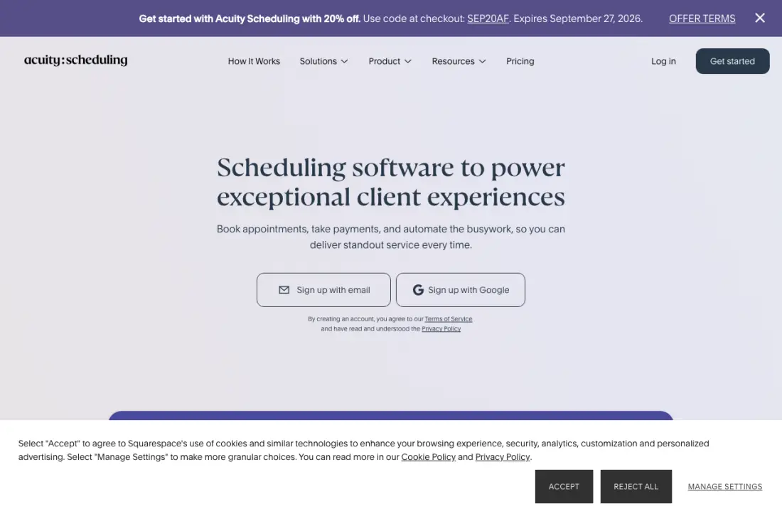 Acuity Scheduling home page, captured 22–23 September 2026