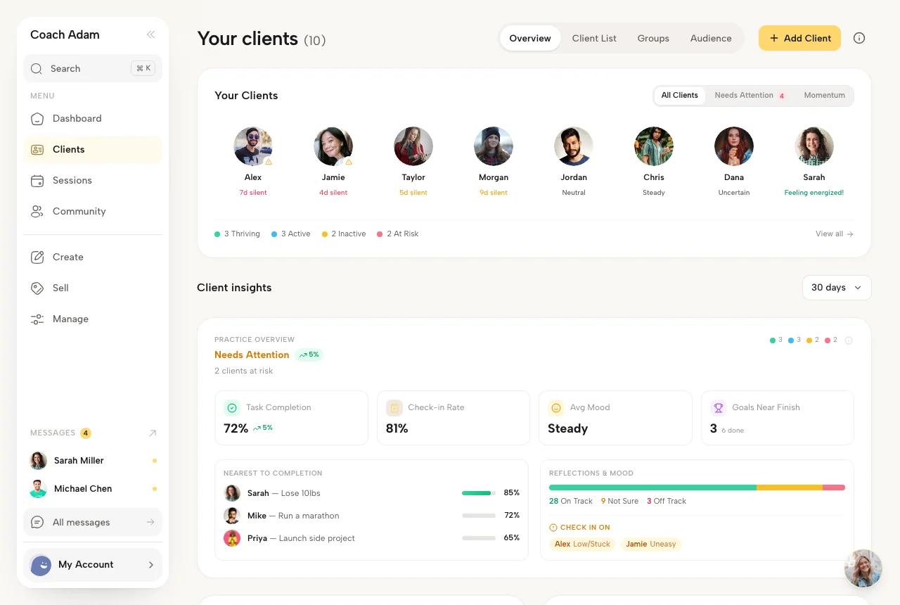 Coachful client dashboard with sample data, captured 22–23 September 2026