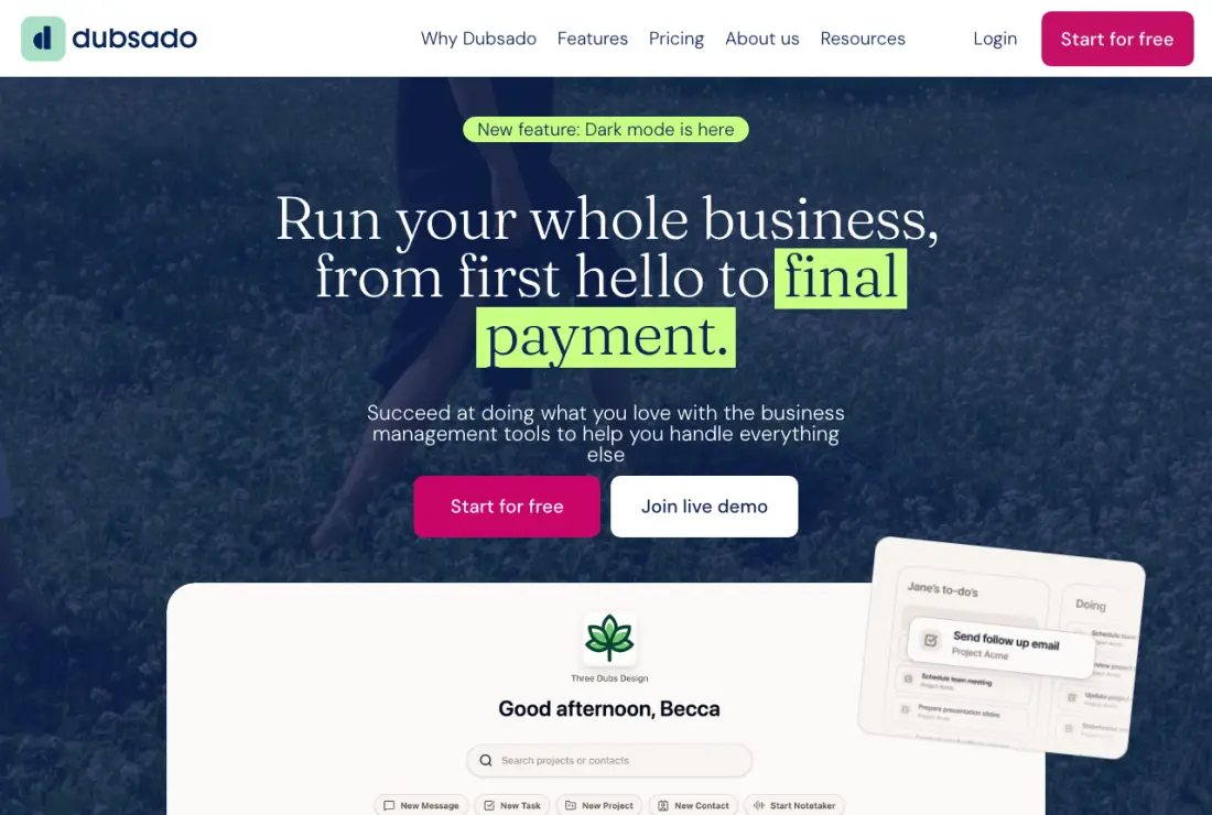 Dubsado home page, captured 22–23 September 2026