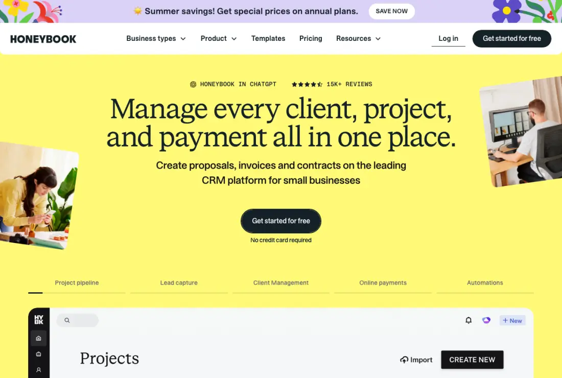 HoneyBook home page, captured 22–23 September 2026