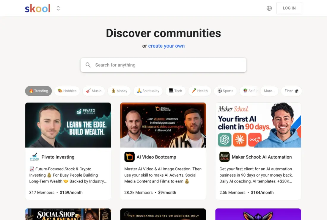 Skool & Circle home page, captured 22–23 September 2026