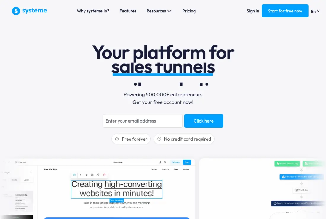 Systeme.io home page, captured 22–23 September 2026