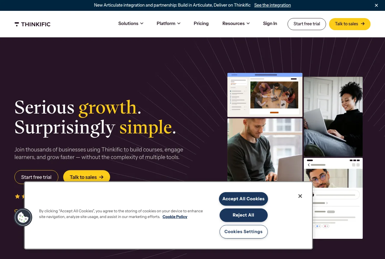 Thinkific home page, captured 22–23 September 2026